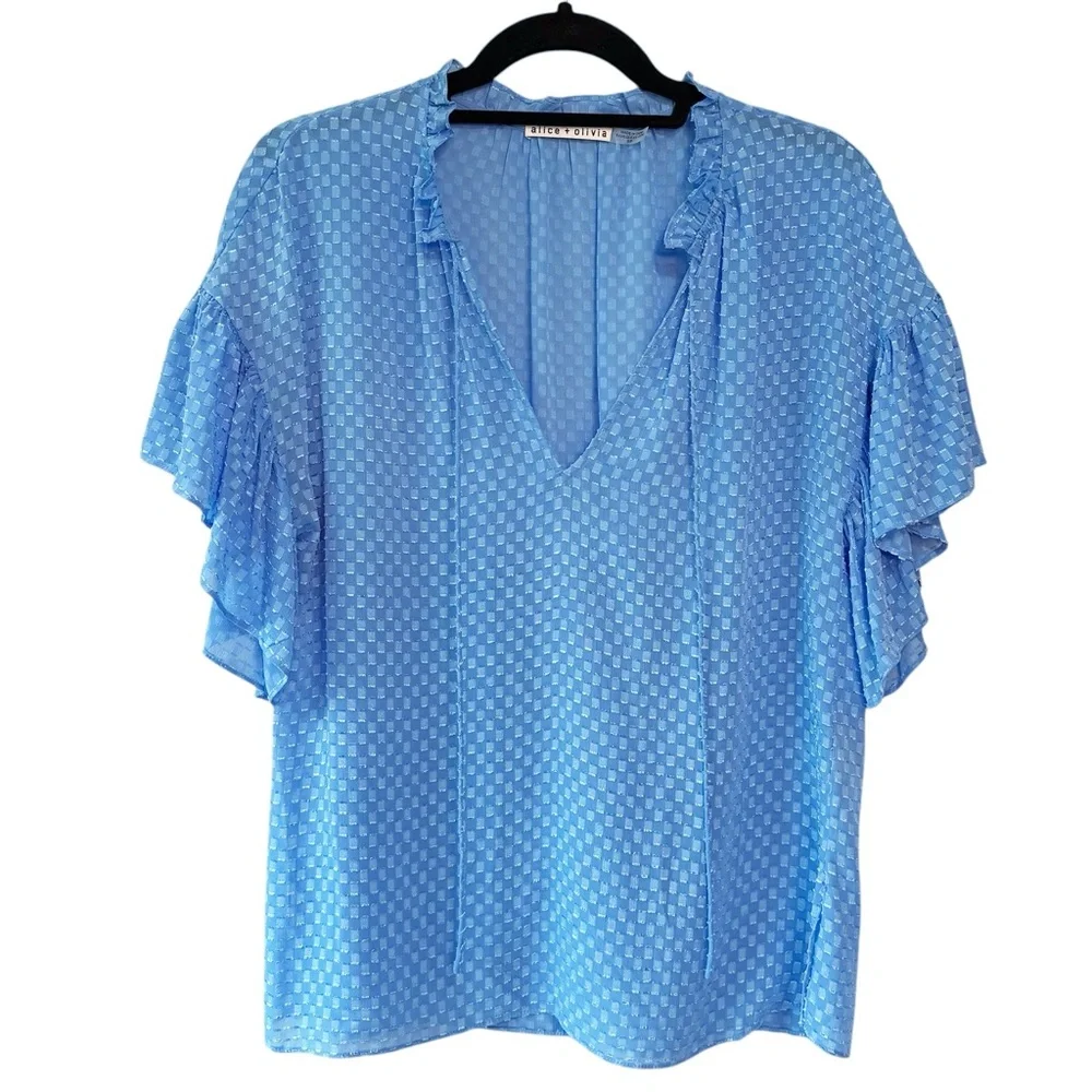 Alice + Olivia Julius Ruffle Sleeve Textured Split Neck Blouse Blue Size Small